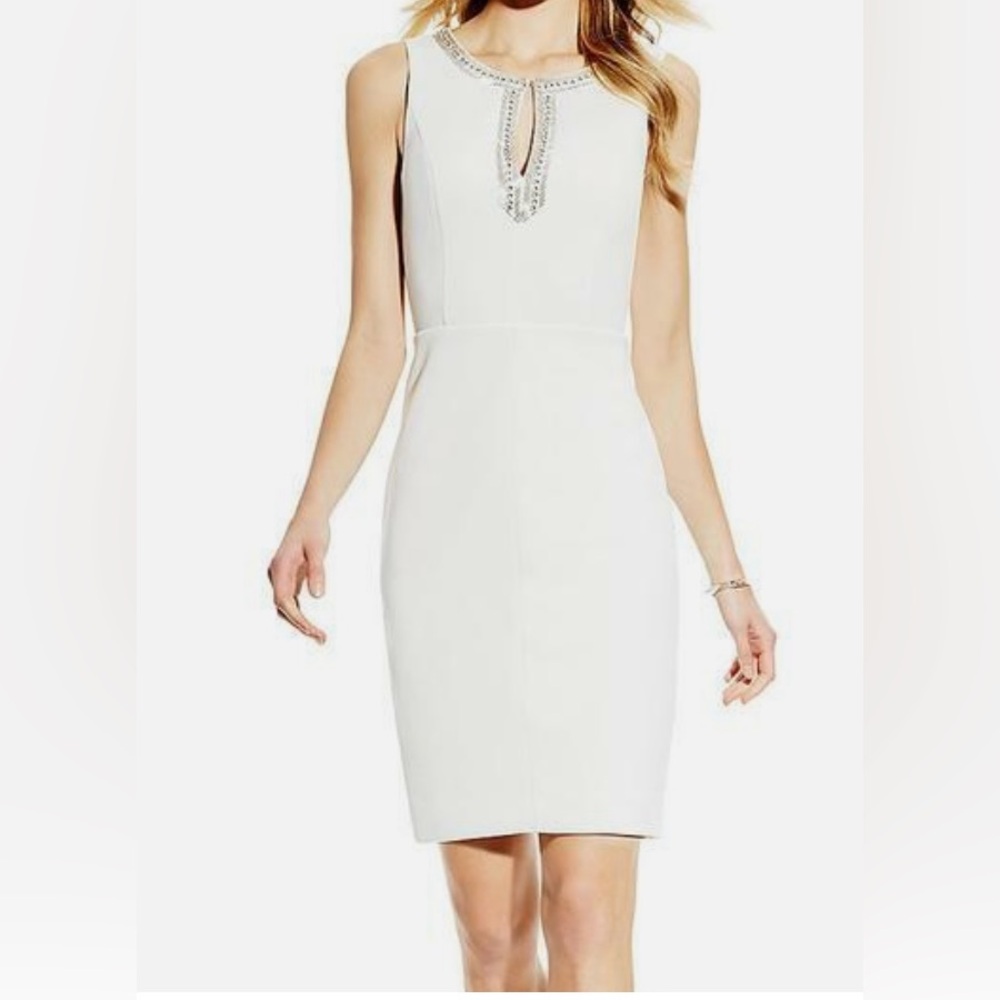 Vince Camuto White Embellished V-Neck Dress